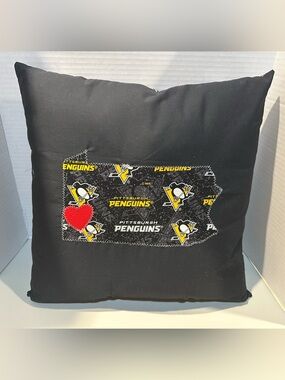 Handmade 16” Pittsburgh Penguins PA State Appliqué Throw Pillow with Heart